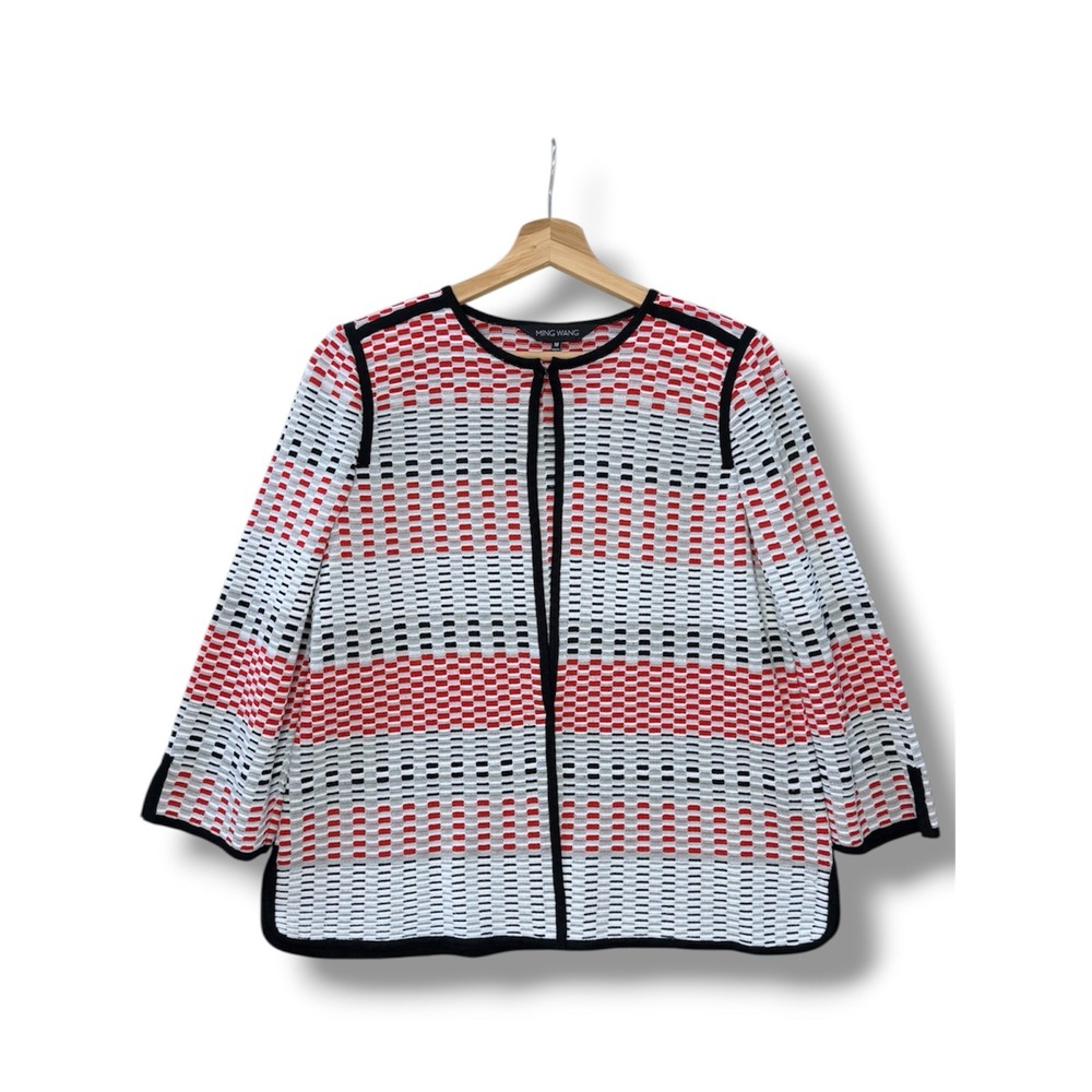 Ming Wang Red‎ Black White Geometric Knit Open Front Jacket Cardigan Women's M